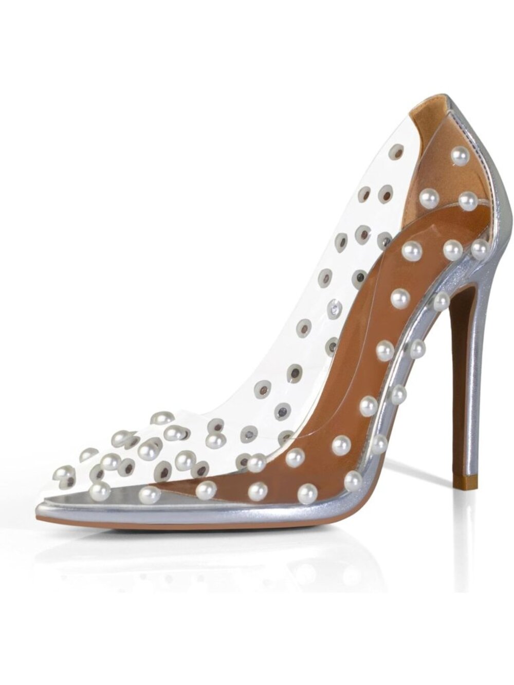 Women's Silver Pumps Pointed Toe High Heel Shoes Pearl Studded PVC Clear Heels